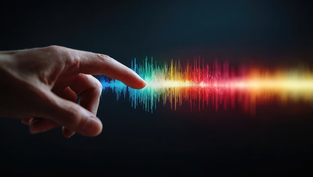 A hand interacts with a vibrant, multicolored, flowing soundwave visualization, suggesting digital audio manipulation or control
