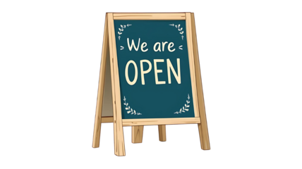 We are OPEN Chalkboard A-Frame Sign Isolated on Transparent Background PNG - Wooden Sidewalk Sandwich Board for Retail Store or Restaurant Announcement Use