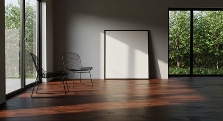 Sunlit Minimalist Interior with Blank Frame Mockup, Modern Chairs, and Serene Garden View.