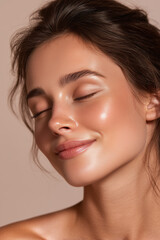 Fototapeta premium Glowing skin close up of fair skinned woman with closed eyes and soft smile, showing smooth texture and natural beauty in warm lighting