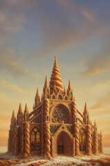 Surreal cathedral with architecture made of spiraled towers, twisted columns, and stained glass-like elements made from croissant dough.