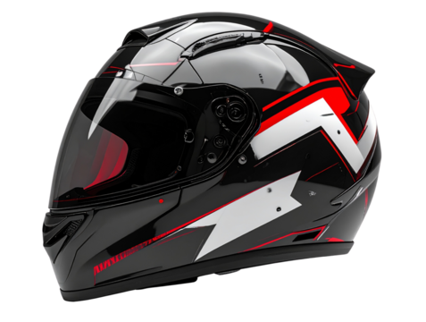  3D Black Motorcycle Helmet with White and Red Geometric Accents, Side Angle Perspective, Isolated on Transparent Background 