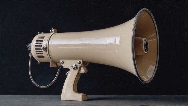 A tan, vintage-style megaphone rests on a dark surface, angled slightly to the right, showcasing its robust build and large horn.  The background is a dark, textured backdrop