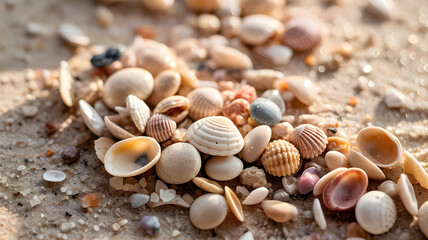 Fototapeta premium A close-up macro photograph of scattered seashells and small stones on a sandy beach. 