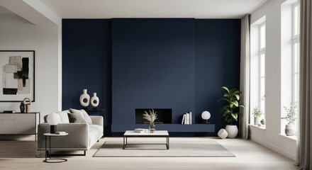 A minimalist living room with a large navy blue wall, white walls, and a white coffee table with a white lamp.
