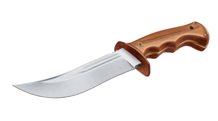 Silver Blade Hunting Knife with Brown Wooden Handle on Transparent Background