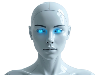 Minimalist White Robot Head with Soft Blue Eye Lights, Top-Down View, Isolated on Transparent Background