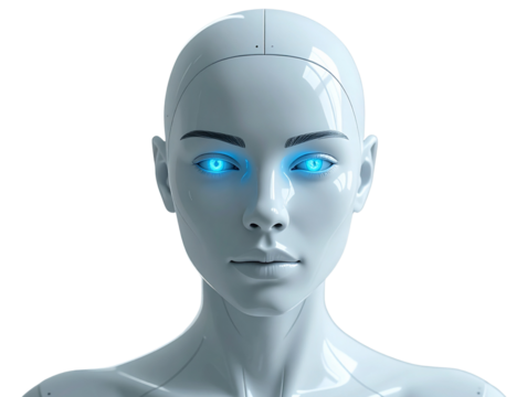 Minimalist White Robot Head with Soft Blue Eye Lights, Top-Down View, Isolated on Transparent Background