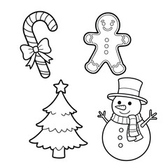 A collection of four black and white Christmas icons for coloring a candy cane gingerbread man tree and snowman.