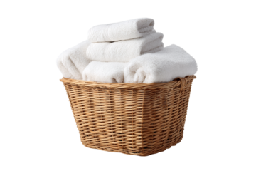 Stack of clean white towels in a wicker basket isolated on transparent background