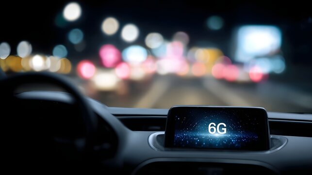Car dashboard displays futuristic 6G network signal at night with blurred city lights