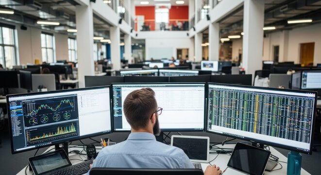 A man working at a desk in a modern office with multiple computer monitors displaying financial data. - Powered by Adobe