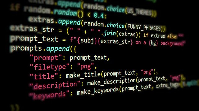 A seamless colorful code scrolling on the black backdrop close up, 4k animation. Programming, coding, development