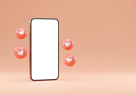 Modern Smartphone with Blank White Screen Surrounded by Floating Heart Emoticons on Soft Peach Background Ideal for Social Media Marketing