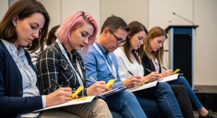 A group of people sitting in a conference room, taking notes on notepads.