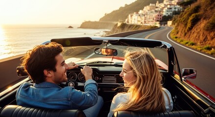 A couple driving in a convertible car along a scenic coastal road at sunset.
