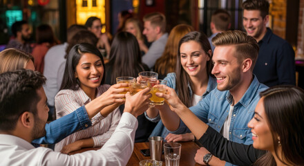 A group of friends enjoying a toast in a lively bar setting.