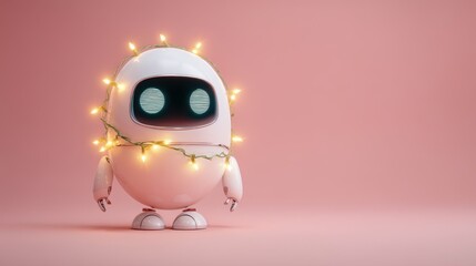 Obraz premium A cute robot adorned with glowing lights stands against a pink background, embodying a playful and festive vibe, cute Christmas robot