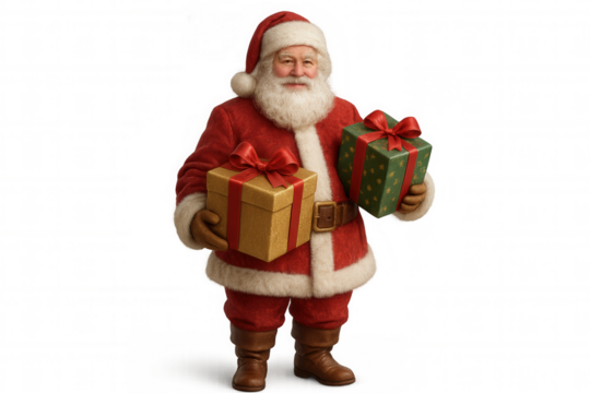 Santa claus holding two christmas presents, delivering holiday gifts and enjoying festive season, transparent background