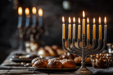 Traditional Hanukkah menorah with burning candles on a festive table, cozy Jewish holiday atmosphere.