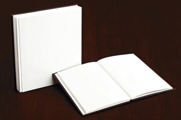 Two blank books, one open and one closed, on dark background