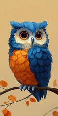 Obraz premium Blue and orange owl perched on branch illustration for creative designs