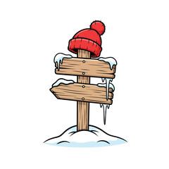 Cartoon wooden signpost in the snow wearing a red winter beanie hat with a pompom. © Alisya Design