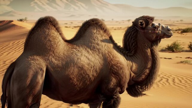 Majestic Bactrian Camel Standing Tall in a Golden Desert Landscape With Rolling Sand Dunes and Sparse Vegetation Under a Clear Sky Offering a Glimpse Into the Arid Beauty of Wildlife Sanctuary