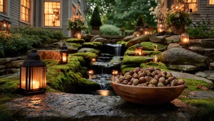 Obraz premium Rustic garden at dusk with lanterns and bowl of nuts