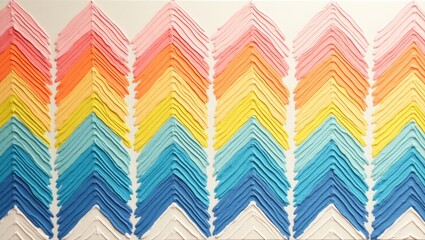 Multicolored abstract artwork displays a repetitive chevron pattern, showcasing a diverse spectrum of vibrant hues arranged in layers, emphasizing a textured and tactile effect, set against a bright,.