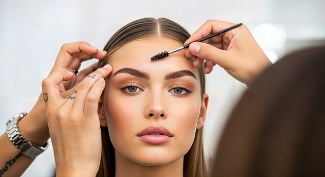 A woman getting her eyebrows shaped in a salon. A close-up shot of beauty treatment and self-care. Flawless look, fashionable beauty, perfect complexion.