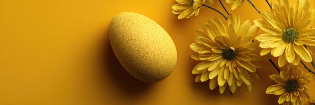 A single, textured yellow egg rests on a matching yellow background, accompanied by a sprig of vibrant yellow chrysanthemum flowers