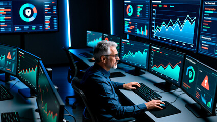 Cybersecurity Professional Monitoring Network Security And Data On Multiple Screens