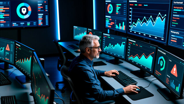 Cybersecurity Professional Monitoring Network Security And Data On Multiple Screens