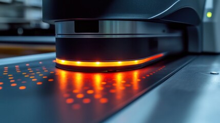 Industrial machine with orange lights scanning a surface in a factory