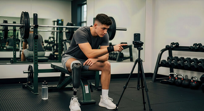 Man with prosthetic leg in gym, filming fitness video with phone. A medium shot conveying motivation and determination. Adaptive athlete, inclusive fitness, athletic achievement.