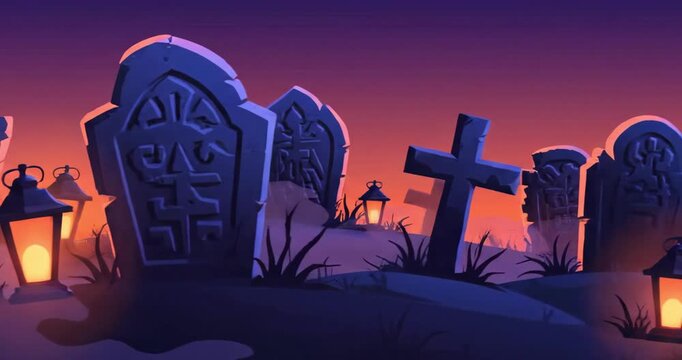 Spooky Cemetery with Lanterns and Fog Vector Illustration