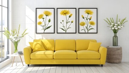 A stylish living area with a yellow sofa and floral wall art