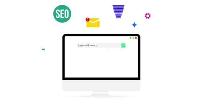 Keyword research tool showing on the computer screen 4k animation with floating shapes around the screen. Modern, seo, optimized, ranking