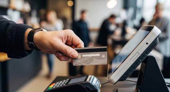 A person using a mobile payment terminal in a busy coffee shop.