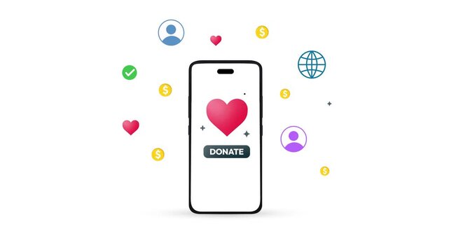 Making donations online through smartphone concept with red heart button and floating shapes, 4k animation. Empathy, giving, helping