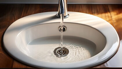 water drips slowly from a faucet into a curved sink drain ceramic porcelain