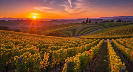 Breathtaking Golden Sunset Over Rolling Hills of Lush Vineyards, Illuminating the Picturesque Wine Country Landscape with Warm Light and Serene Beauty