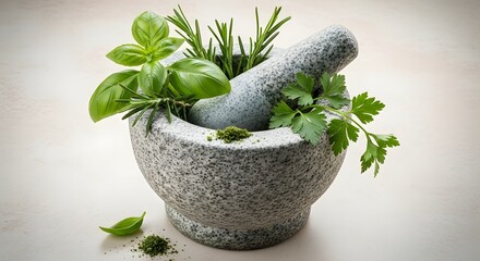 Mortar and pestle with fresh herbs