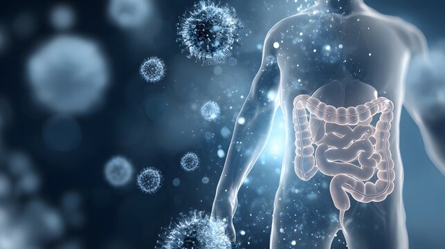Conceptual illustration of bacteria within the human digestive system