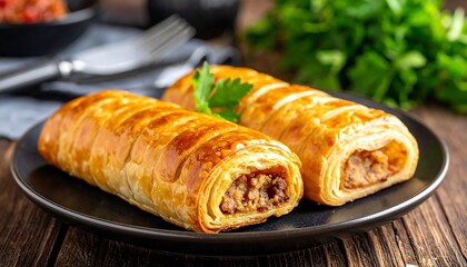 Two golden, flaky pastry rolls with visible savory filling on a dark plate, garnished with parsley, set on wood
