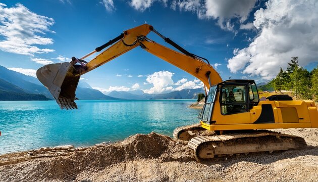 a vibrant yellow excavator by lake dida under a blue sky with white clouds a stunning scene