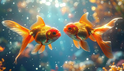 Two goldfish with vibrant orange fins swim in a sunlit aquarium, surrounded by bubbles and coral. The underwater scene creates a calming, beautiful aesthetic