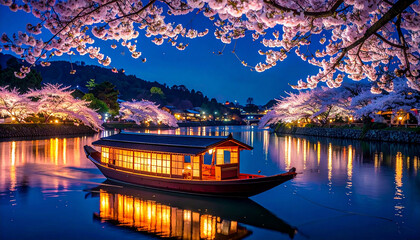 Japanese Houseboat with Cherry Blossoms at Night