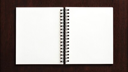Open spiral bound notebook with blank white pages on wood